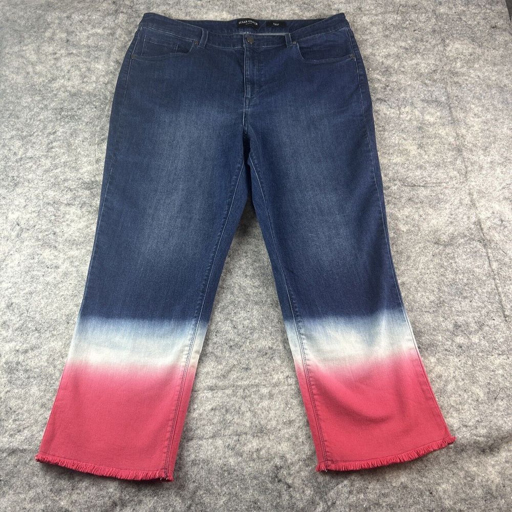 Susan Graver Crop Jeans Womens Size 16 Blue Denim White Red‎ Ambre July 4th